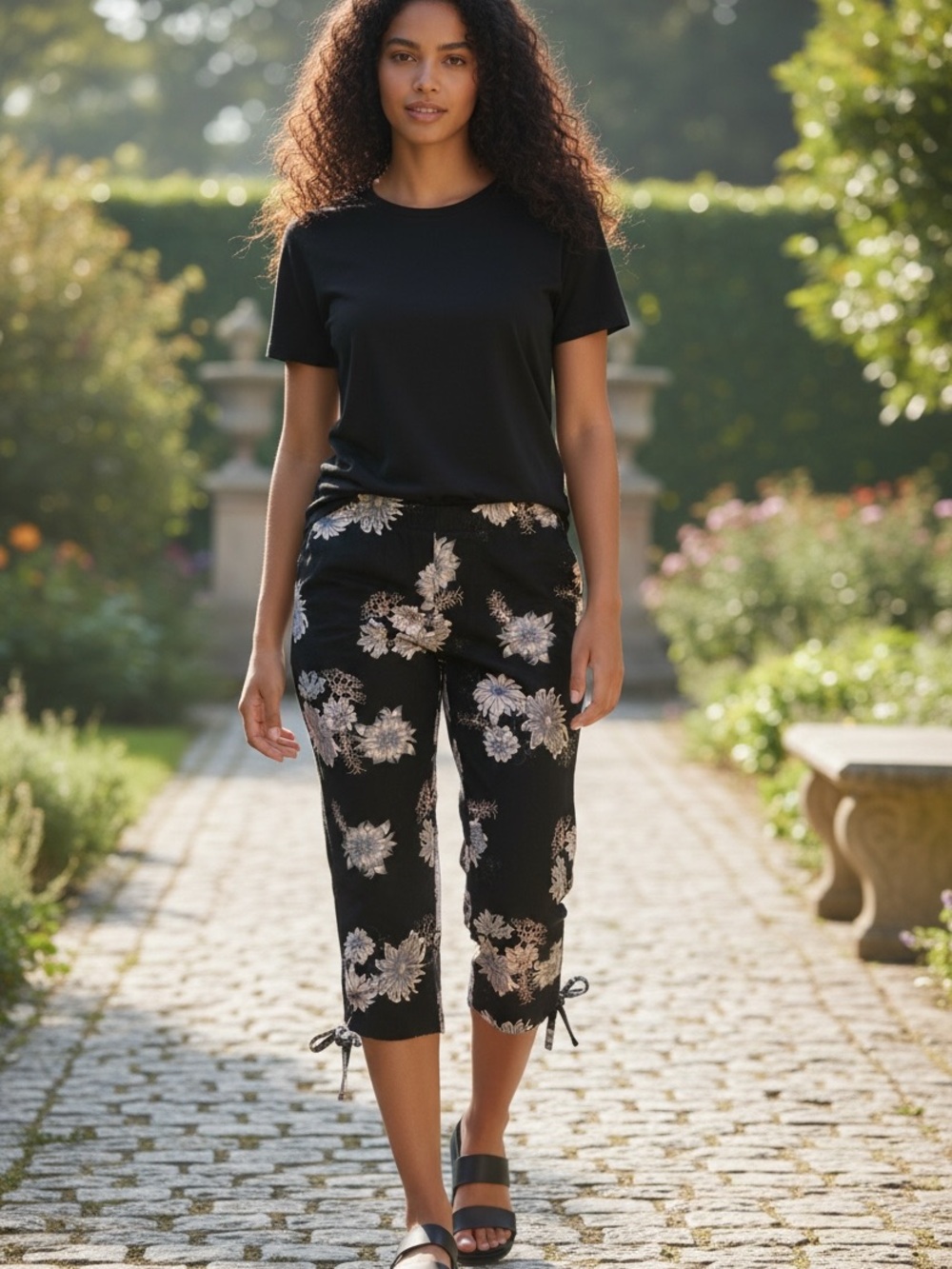 Black Floral Cropped Tie-Hem Pants